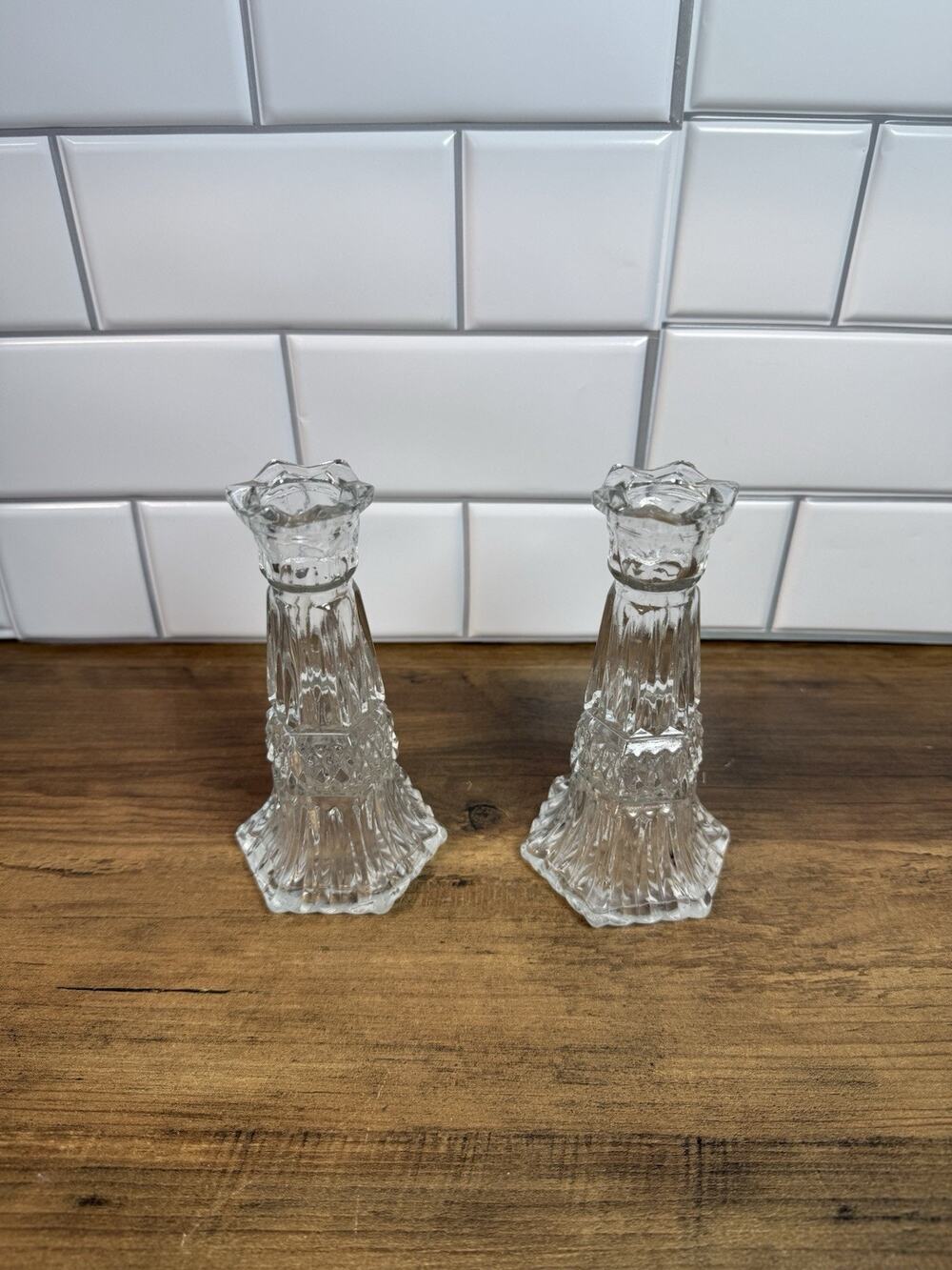 Vintage Libbey Clear Glass Candlestick Holders Pair Pressed Glass 7” Tall